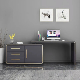 L-Shaped Grey 1400mm Office Desk Corner Writing Desk with Drawers & Doors in Gold Finish