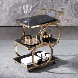 Modern Rolling 3-Tier Bar Cart on Wheel with Handle in Black & Brushed Gold Style A