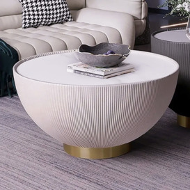 Modern Beige Drum Coffee Table Sintered Stone Round PU-Leather Accent Table in Gold
