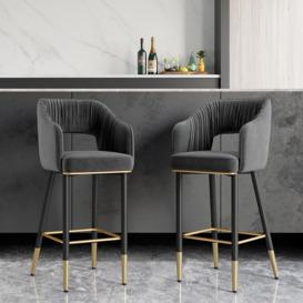 Modern Grey Velvet Upholstered Bar Stool with Low Back & Footrest