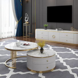 Modern 2 Pieces White Round Nesting Wooden Coffee Table with Drawers Sintered Stone Top