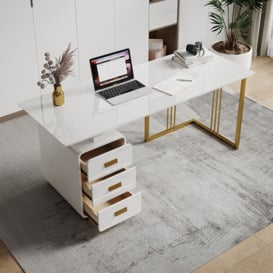 1400mm Modern White Office Desk with Drawers File Cabinet in Gold Base