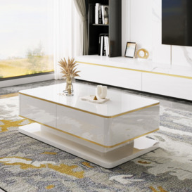 Gapn 1300mm White Rectangular Coffee Table with Storage 4 Drawers Tempered Glass Top