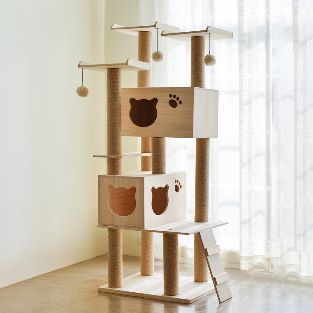 1550mm Solid Wood Cat Tree Condo Multiple Tiers Cat House & Step with Teasing Toy