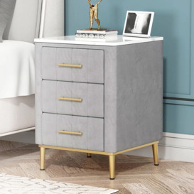 Modern Nightstand Gray Velvet Bedside Table 3 Drawers with Sintered Stone Top