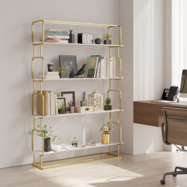 "1800mm Modern White Tall Freestanding Wooden Office 4 Shelves Etagere Bookcase in Gold "