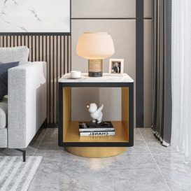 Modern White Side Table with Storage Hollow Cube Table with Gold Metal Pedestal