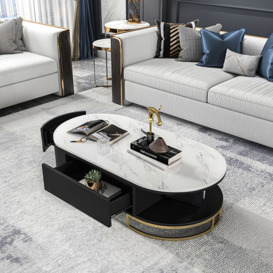 Modern White Oval Storage Coffee Table with Drawers & Shelf Sintered Stone Gold Base