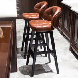 Brown Rustic Upholstered Rustic Bar Stools Set of 2 PU Leather Tufted Curved Back