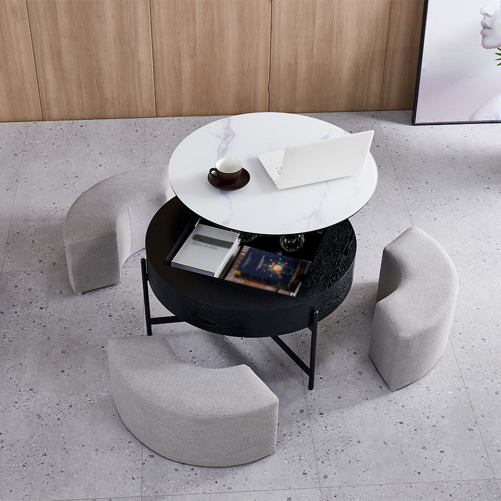 Modern Round Lift-Top Coffee Table with Storage & 3 Ottoman White & Black