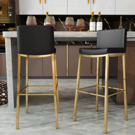 Modern Black Faux Leather Bar Height Bar Stools Set of 2 with Back & Footrest 762mm Gold Metal Frame Bar Height Chairs