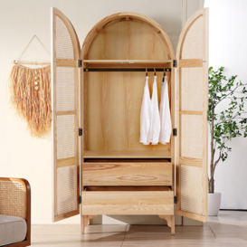 Natural Woven Rattan Bedroom Clothing Armoire with Hidden 2 Doors and Drawers Wardrobe