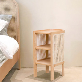 Solid Wood Nightstand Semi-Circle Natural Rattan Bedside Table with Open Shelves