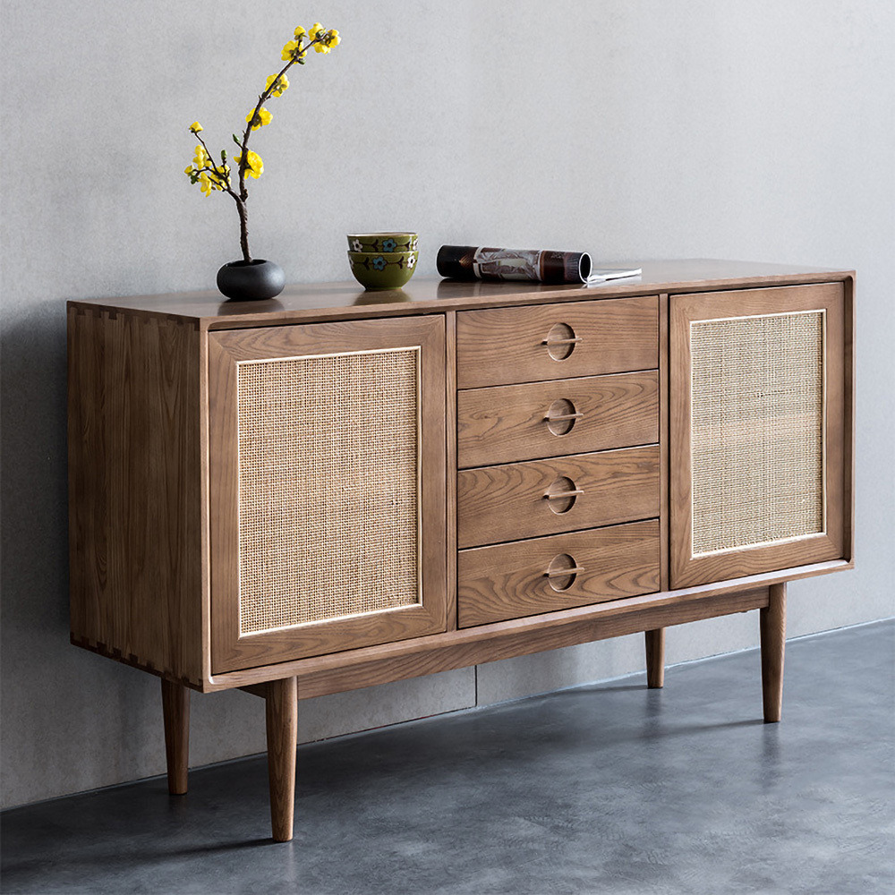1400mm Cottage Walnut Sideboard Buffet Rattan with 2 Doors 4 Drawers