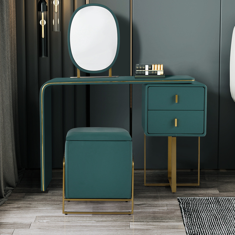 Green Makeup Vanity Set Expandable Dressing Table with Mirror&Side Cabinet&Stool