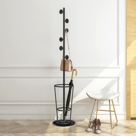 1700mm Hallway Metal Round Hooks Coat Stand with Umbrella Stand Base-Black