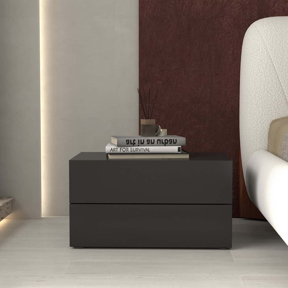 600mm Modern Minimalist Black Bedroom Nightstand with 2 Drawers