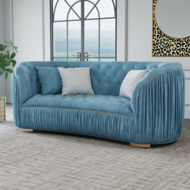 2100mm Luxury Modern Blue Velvet Curved Upholstered Tufted 3-Seater Sofa