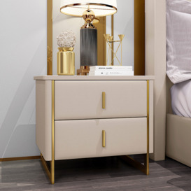 Modern Beige Nightstand 2-Drawer Faux Leather Bedside Table in Gold