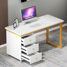 "Modern 1800mm Wooden Desk White Computer Desk with 3 Drawers & Side Cabinet in Gold "