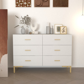 1200mm Modern White Bedroom Dresser 6-Drawer Accent Cabinet in Gold