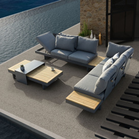 4 Pieces Modern L Shape Outdoor Sectional Sofa Set with Wood Coffee Table in Grey