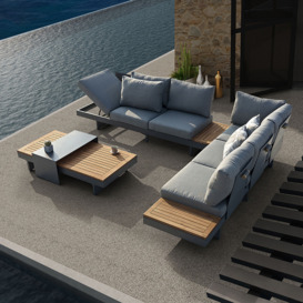 4 Pieces Modern L Shape Outdoor Sectional Sofa Set with Wood Coffee Table in Grey