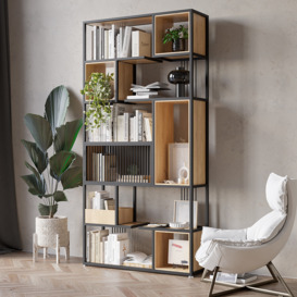 2000mm Modern Black Steel Geometric Bookcase 6-Tier Bookshelf Wooden Tall Book Shelf