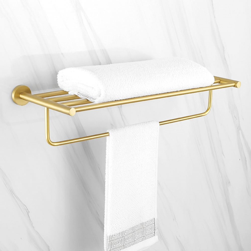 610mm Wall Mounted Brass Bathroom Shelf with Towel Rack in Brushed Gold