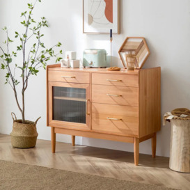 Prosy Mid-Century Modern Natural Wood Sideboard with Glass Doors