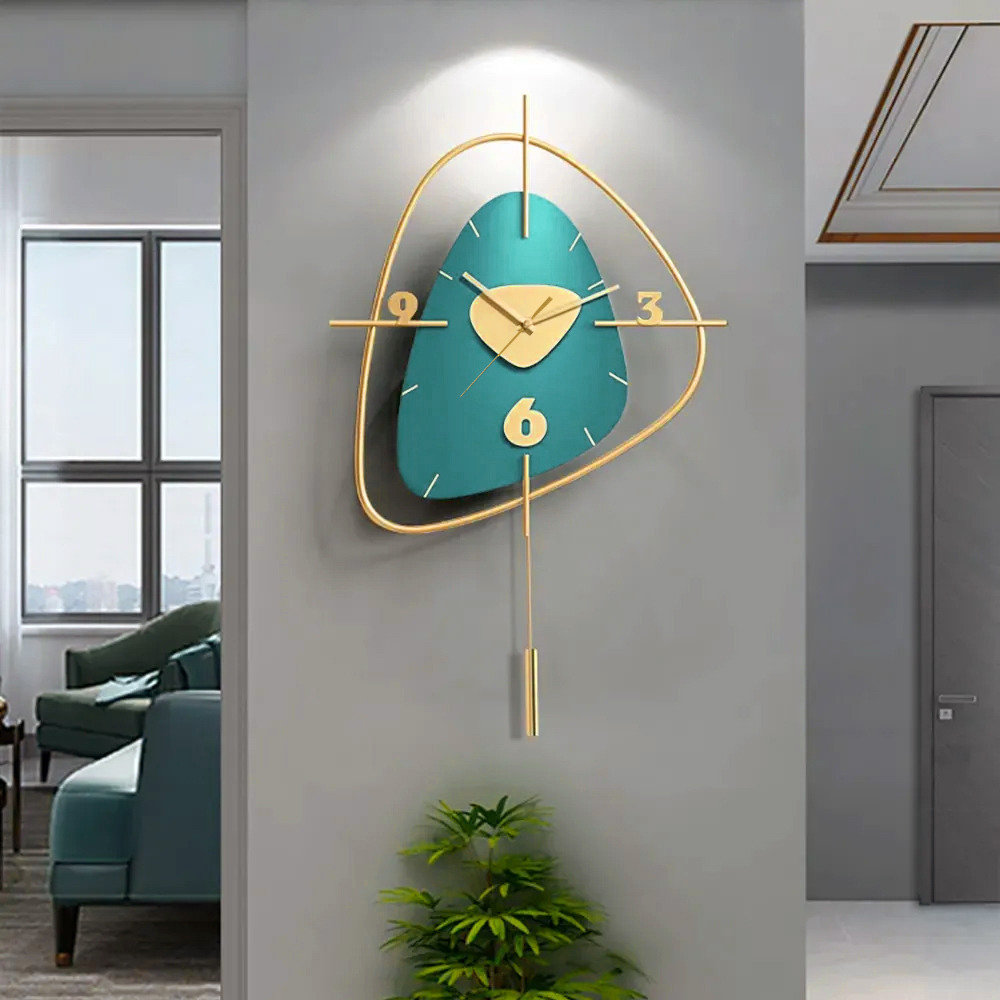 Dark Green & Gold Creative Scandinavian Wall Clock Metal Pendulum Mute Home Decor Clock