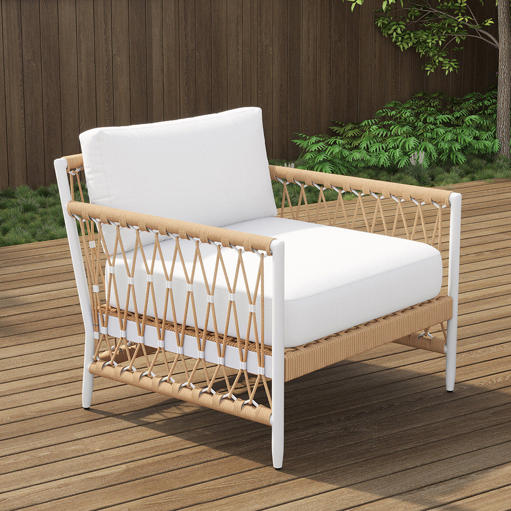 Ropipe Woven Rope Outdoor Armchair Accent Chair with White Polyester Cushion
