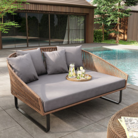 "63"" Rattan Outdoor Daybed with Grey Cushion Pillow Aluminum Frame"