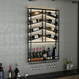 "Industrial Wood & Metal Wall Mounted Black Wine Rack with Glass & Bottle Rack "