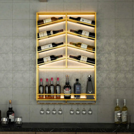 Industrial Wood & Metal Wall Mounted Gold Wine Rack with Glass & Bottle Rack