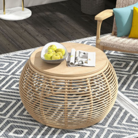 800mm Boho Natural Round Patio Rattan Coffee Table with Wood-Top