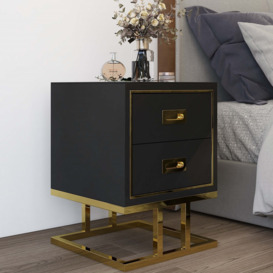 Modern Black Nightstand 2-Drawer Bedside Table with Tempered Glass Top & Gold Base