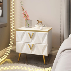 Nordic White Bedside Table 2-Drawer Nightstand V-Shaped Facet & Gold Pulls in Small