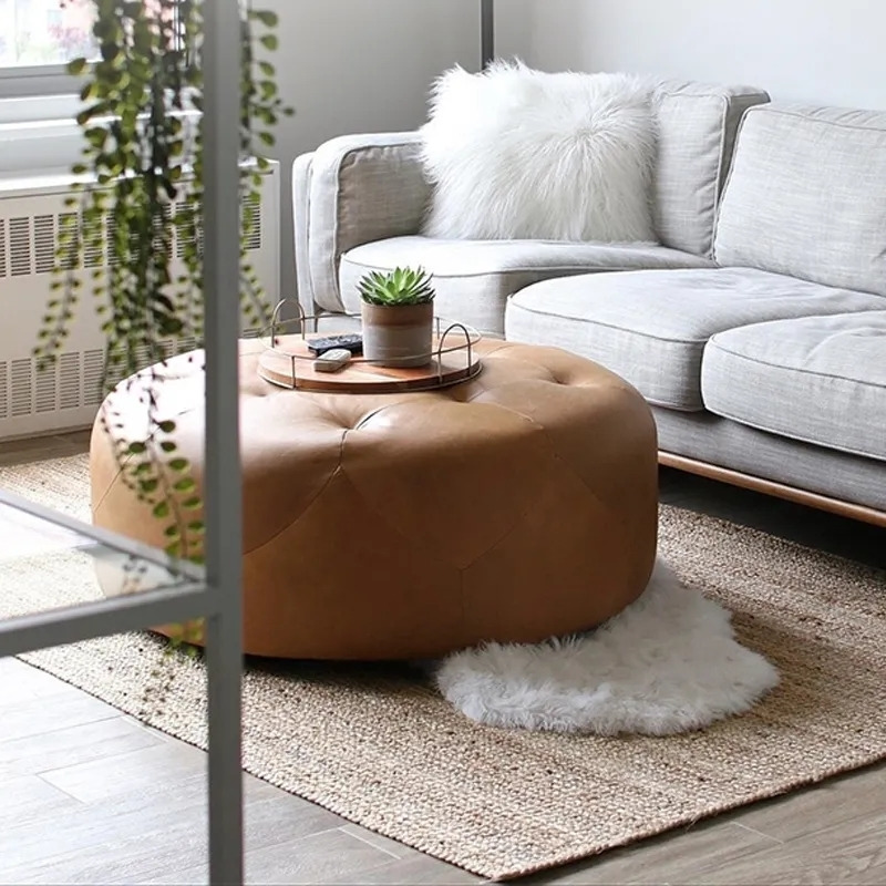 Brown 900mmDia Round Tufted Faux Leather Ottoman Coffee Table Upholstered Stool