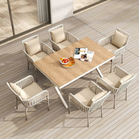 7-Pieces Outdoor Dining Set with Wood-Top Trestle Table and 6 Woven Rattan Armchair