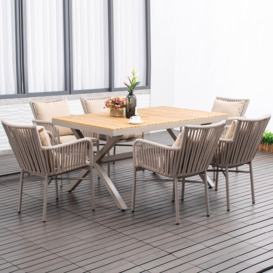 7-Pieces Outdoor Dining Set with Wood-Top Trestle Table and 6 Woven Rattan Armchair