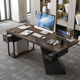 Cabstract  Modern Walnut Wood Office Computer Desk with 2 Drawers in Black Metal Legs