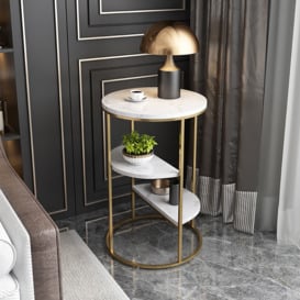 3-Tiered White & Gold End Table with Shelf Sintered Stone Top & Metal Frame Side Table