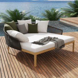 Modern Style PE Rattan Outdoor Daybed with Cushion Pillow in White & Coffee