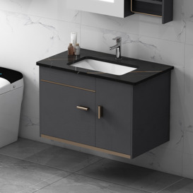 600mm Floating Wood Bathroom Vanity Set with Black Stone Top & Ceramic Basin