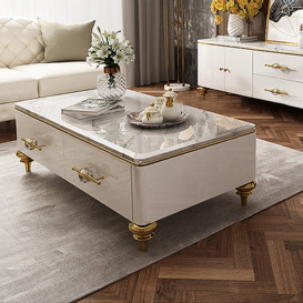 Chift 1300mm Modern Marble White Coffee Table & Storage Drawers Gold Stainless Steel Leg
