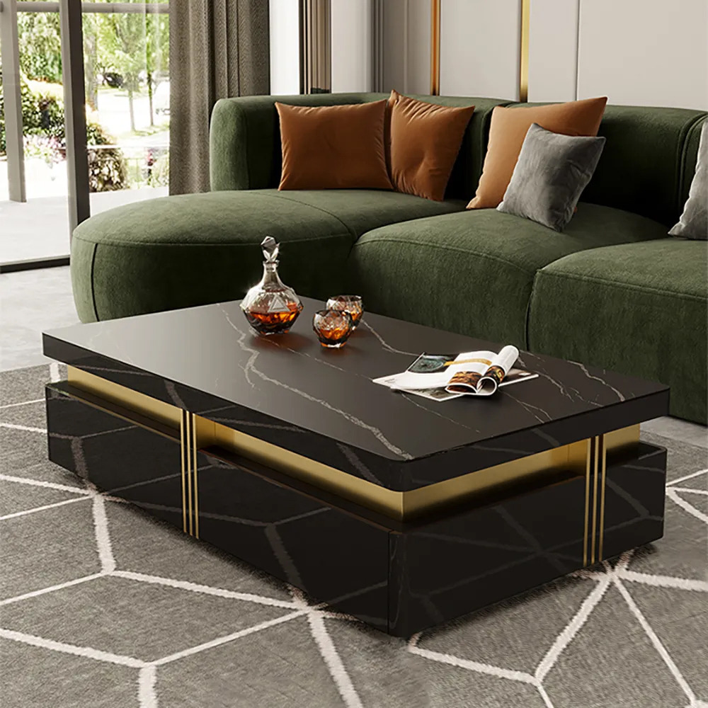 Trimied Modern Coffee Table with Storage in Black Center Table with Stainless Steel Base