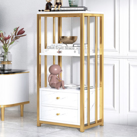 Modern White Storage Display Cabinet with Shelves & Drawers Accent Cabinet with Backboard