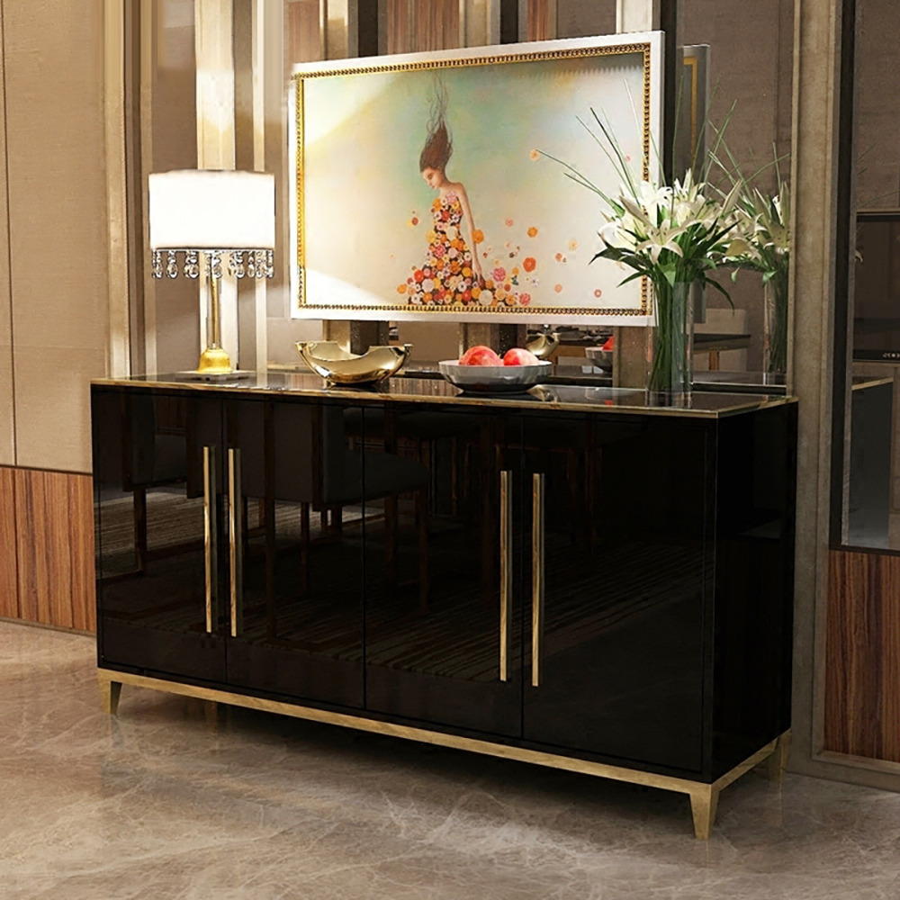 1500mm Rectangle Black Sideboard Buffet Tempered Glass Top Cabinet 4 Doors & 2 Shelves