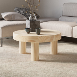 Threeens 600mm Round Natural Pine Wood Coffee Table Center Table for Living Room